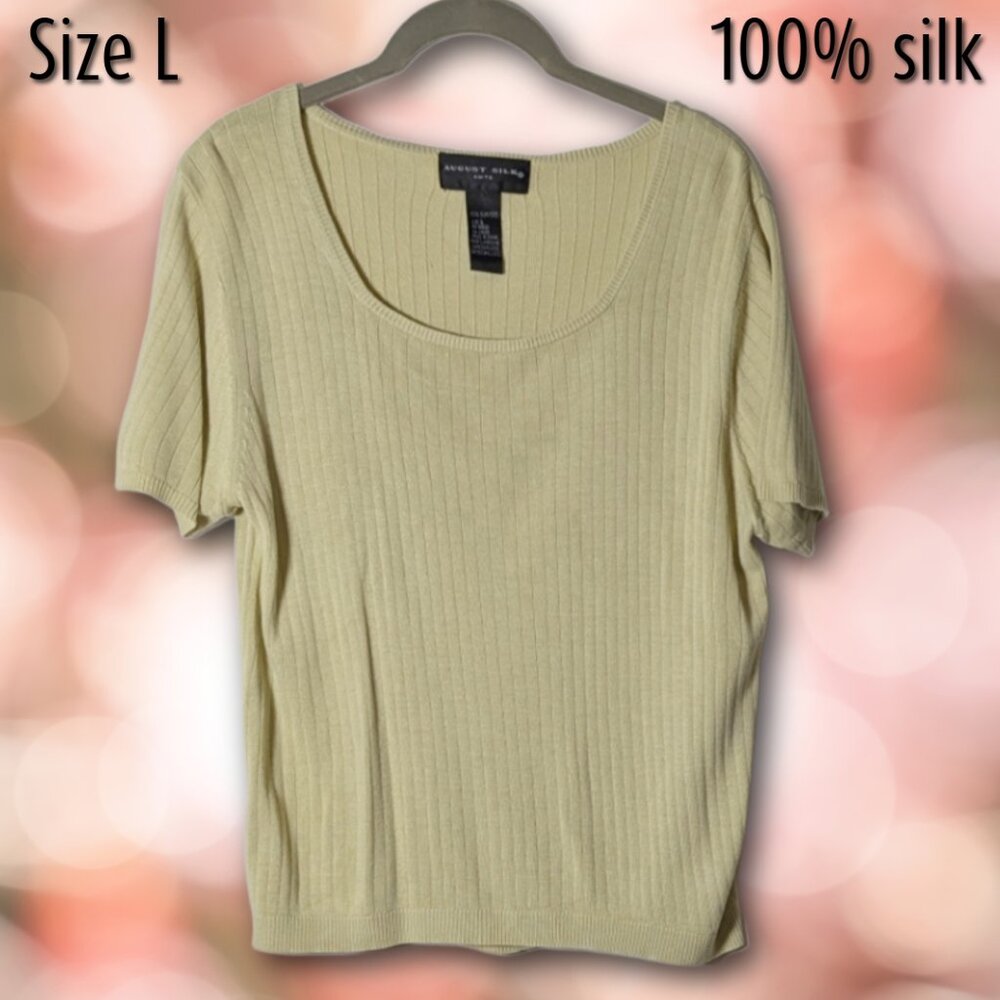 August Silk Size L 100% Silk Light Avocado Green Knit Top